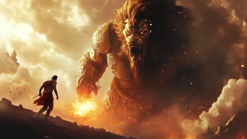 Lone warrior squaring against colossal blazing lion titan.