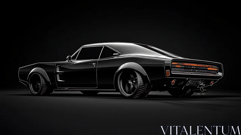 Midnight muscle car render with glossy black reflections.
