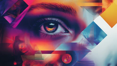 Iris close-up integrates geometric overlays and neon chromatic gradients