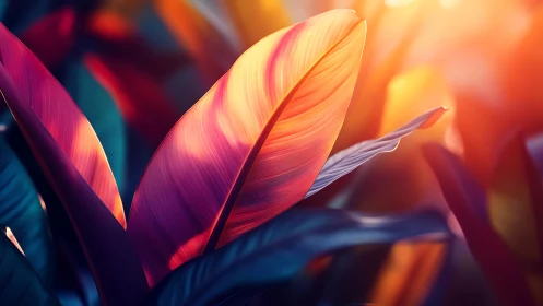 Tropical foliage close-up under warm directional sunlight.