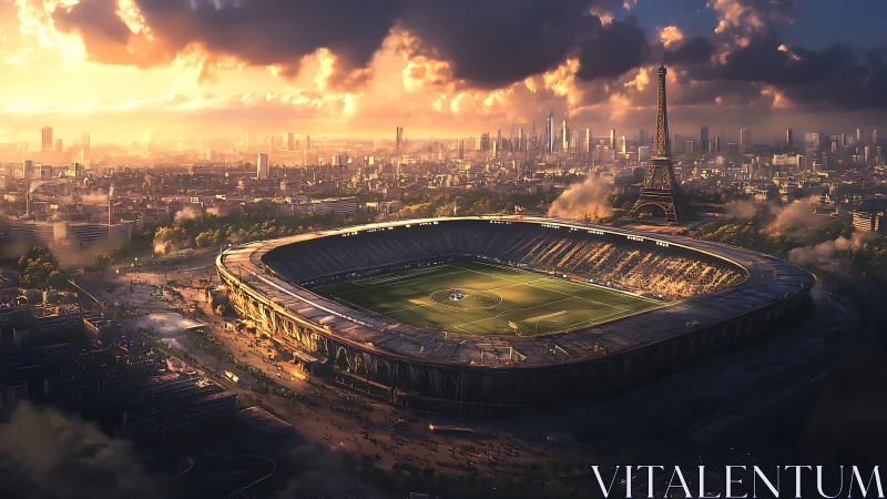 Large football stadium in urban skyline at sunset in Paris.
