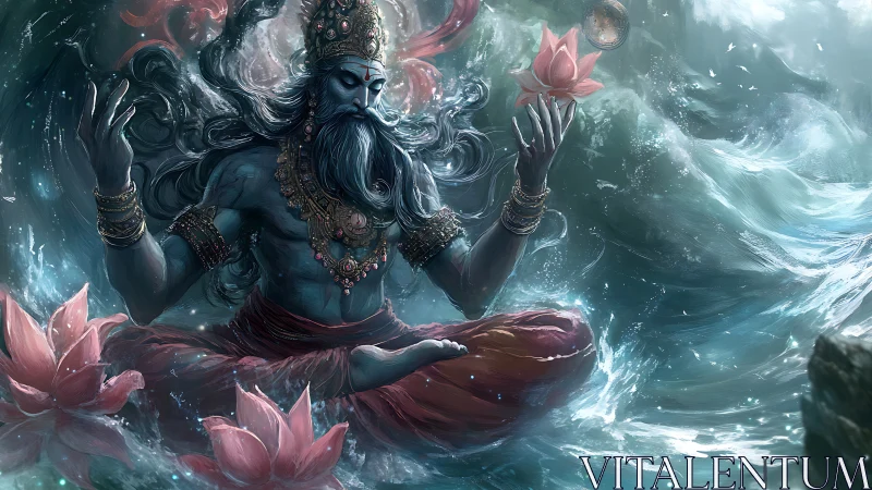 Divine blue deity meditates amid swirling cosmic ocean.