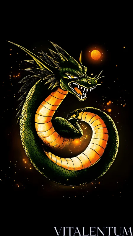 Coiled cosmic dragon with glowing orange celestial orb.