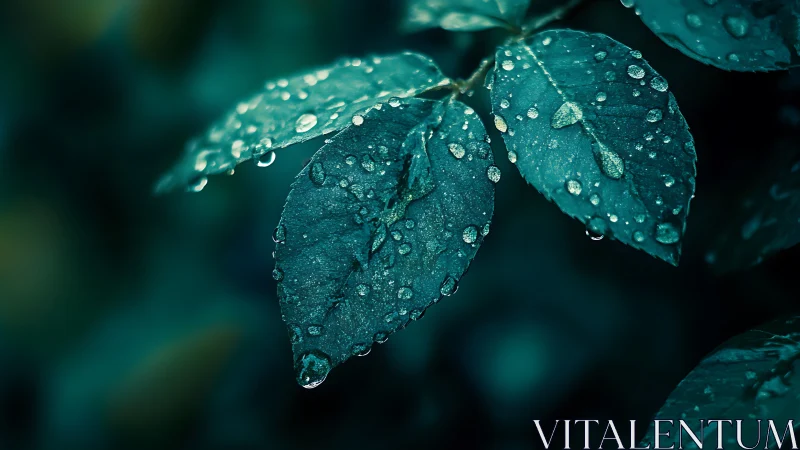 Glistening teal leaves cradling gentle morning raindrops.
