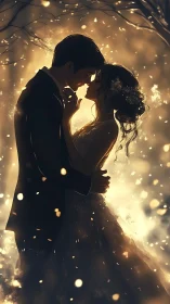 Couple kissing silhouette surrounded by warm golden lights