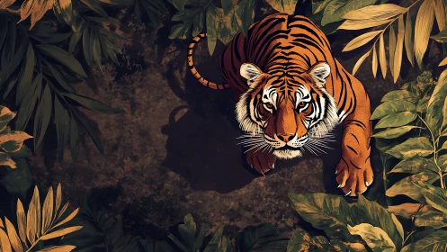 Jungle shadows cradle a prowling tiger with lantern-bright eyes