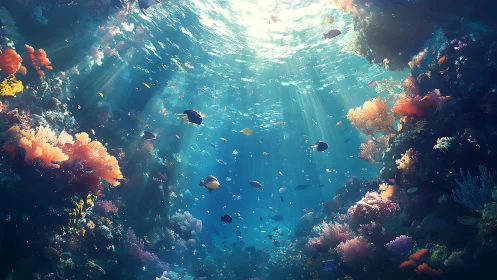 Sunlit coral reef canyon with vibrant tropical marine life.