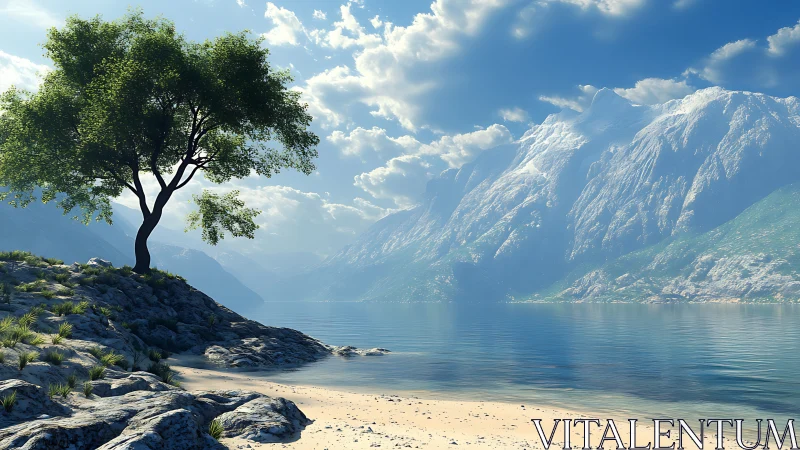 Solitary tree anchors tranquil alpine lake landscape.