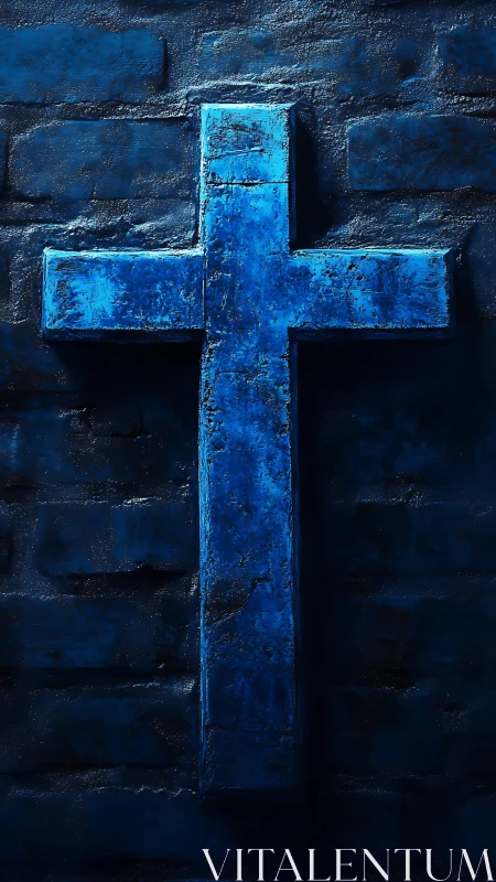 Midnight blue cross glowing softly against textured stone wall.