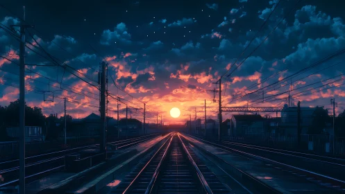 Railway horizon glows under radiant neon dusk sky.
