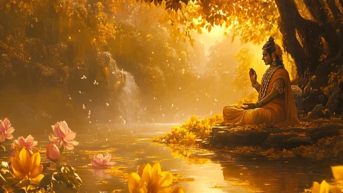Golden forest sage meditating beside a lotus-lit river.