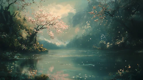 Atmospheric riverine grove with luminous spring foliage study.