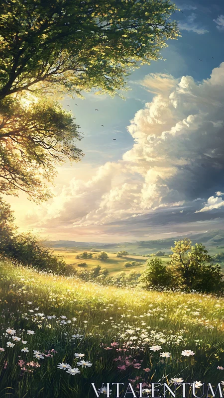 Sunlit wildflower meadow under towering summer clouds.