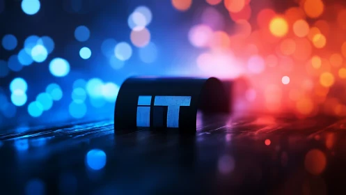 IT logo monolith under dual-tone neon bokeh lighting effect.