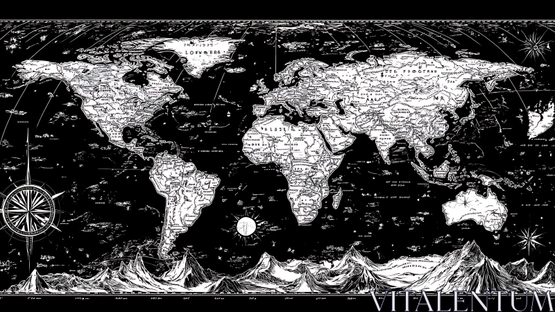Monochrome ink world map with cartographic contour detail and relief