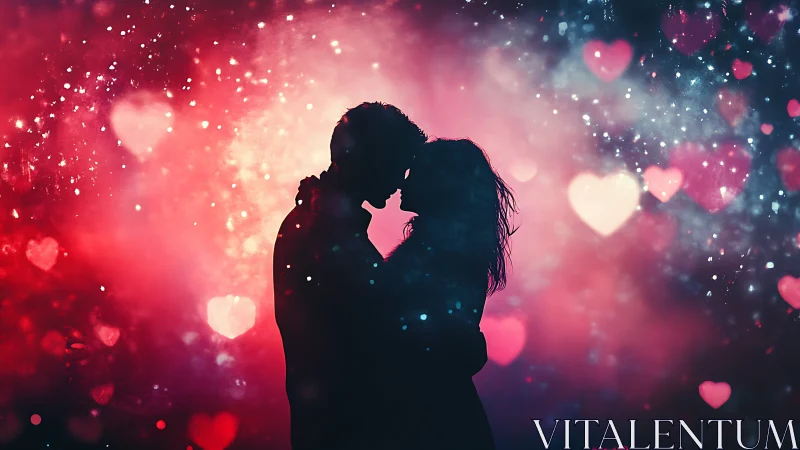 Silhouetted couple kissing with bokeh heart and particle effects