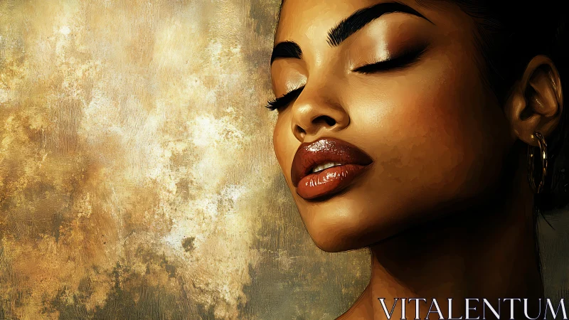 Portrait of woman in profile against textured gold wall.