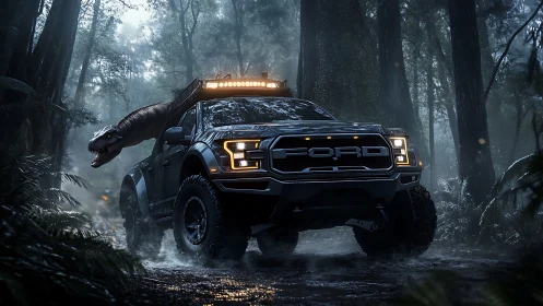 Predator pickup thunders through misty Jurassic wetlands.