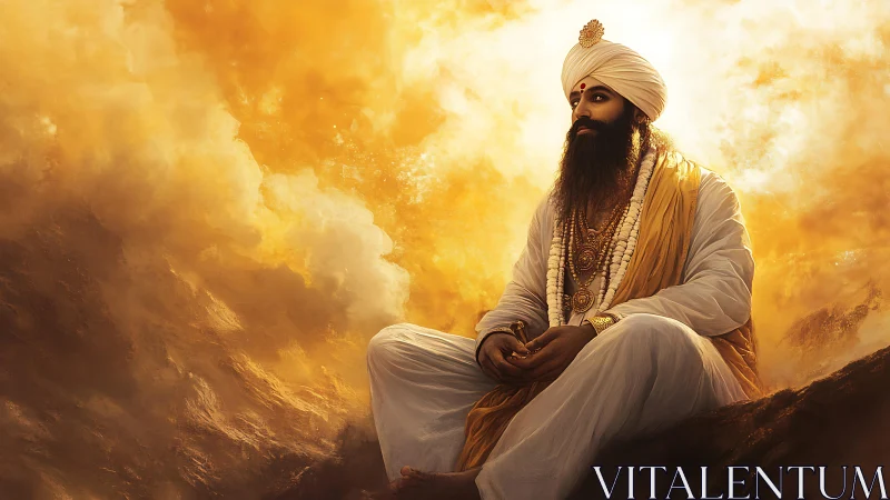 Mystic turbaned sage seated in golden celestial cloudscape
