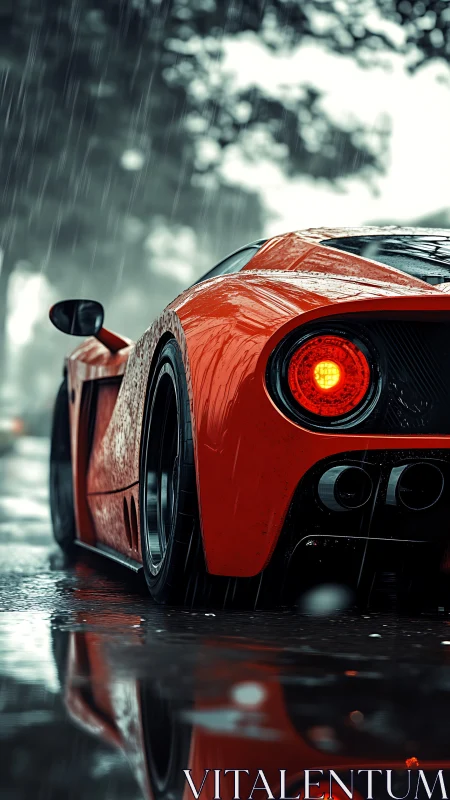 Red supercar tail glows against moody rain-soaked street.