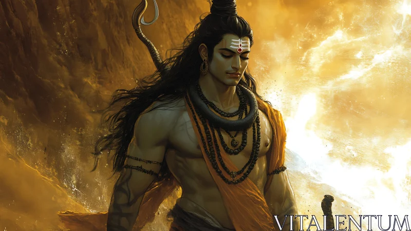 Divine warrior figure rendered with dramatic backlighting and haze