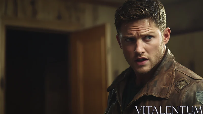 Weathered leather jacket frames a watchful, wary gaze