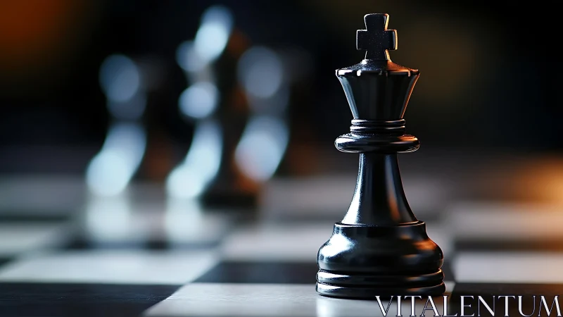 Chess king stands in dramatic focus on a dimly lit board