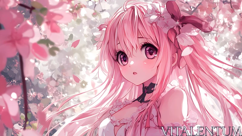 Pink haired anime girl under blooming cherry blossoms.
