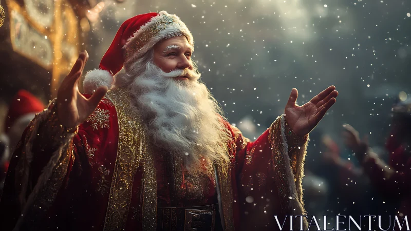 Santa in ornate red robes welcomes softly falling snow.