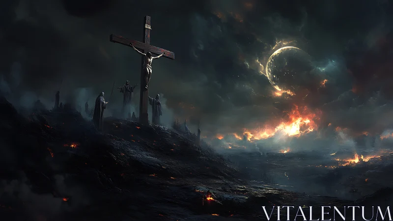 Apocalyptic crucifixion scene rendered in dramatic digital chiaroscuro
