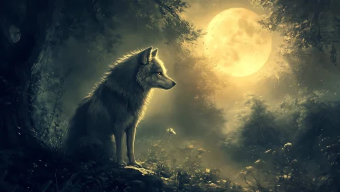 Wolf sits in dense forest clearing under large full moon