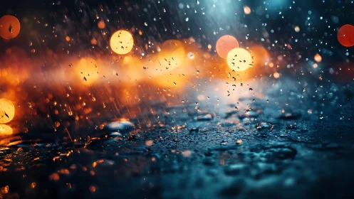 Night rain on city street with glowing bokeh lights.