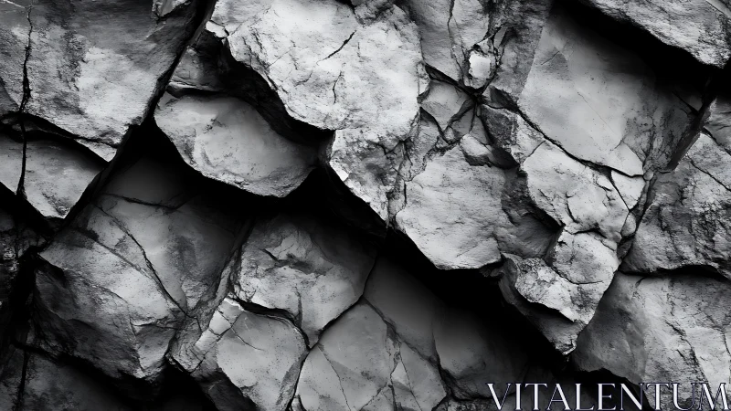 Monochrome cracked rock wall with sharp fractured planes.