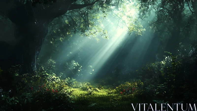 Verdant Cathedral: Crepuscular Light Through Ancient Forest Canopy.