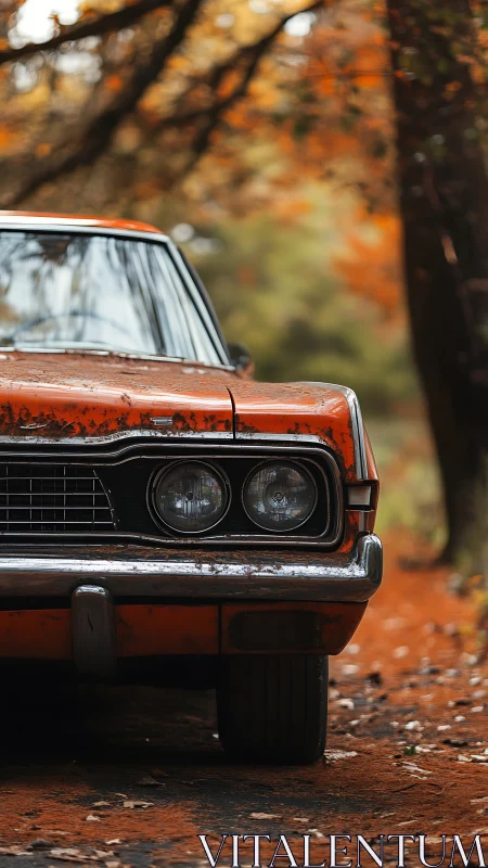 Front view of weathered orange vintage car in autumn woods.