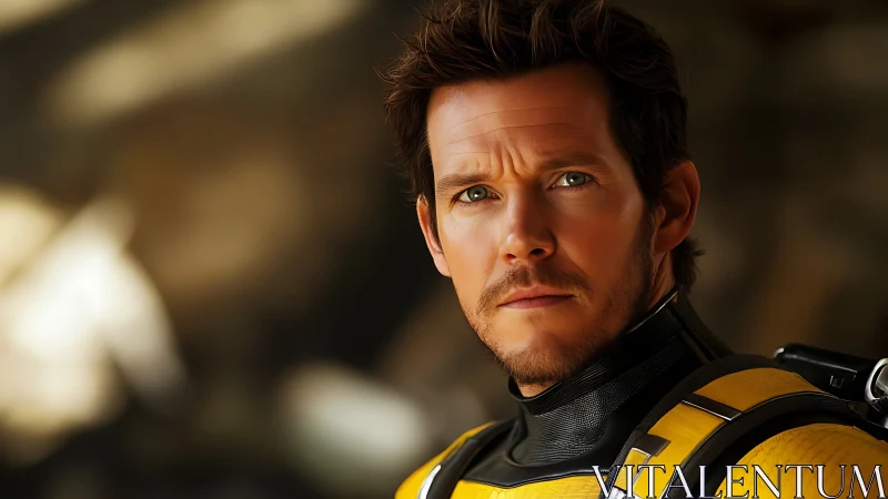 Star-suited wanderer pauses mid-mission in molten light