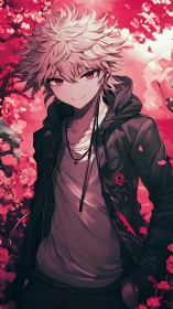 White haired anime boy stands in vivid crimson garden