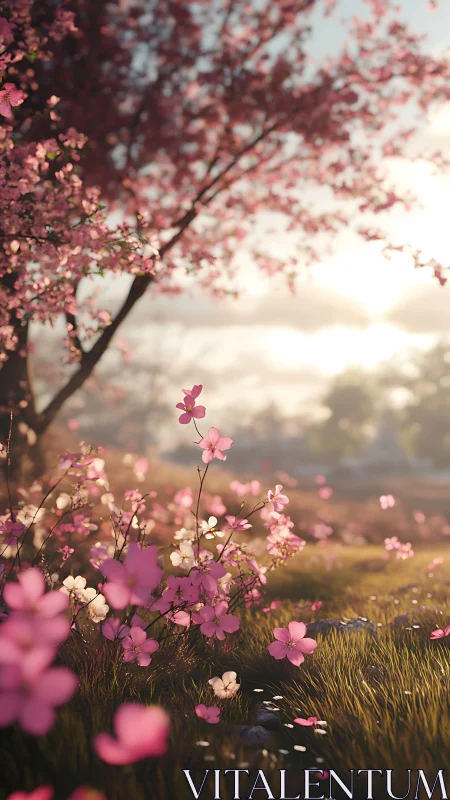Pink Blossoms Frame Serene Pastoral Landscape