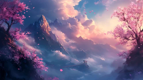 Sunlit sakura peaks rise over misty fantasy valley.
