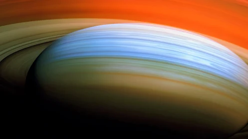 False-color gas giant and ring system occupies frame