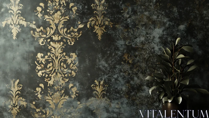 Dark damask wall with patina and potted foliage plant.