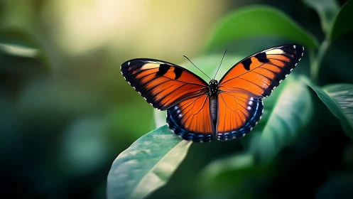 Orange butterfly on leaf with outstretched wings in soft light.