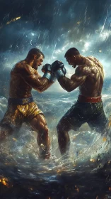 Two Boxers Locked in Storm: Golden Musculature Against Ethereal Rainfall.