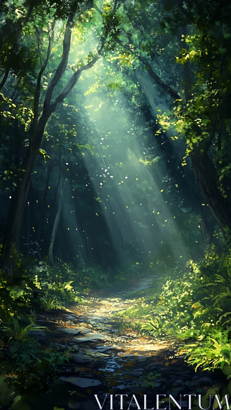 Luminous Forest Passage: Digital Landscape with Light Rays.