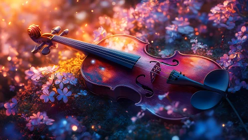 Twilight violin resting in glowing wildflower daydreams.