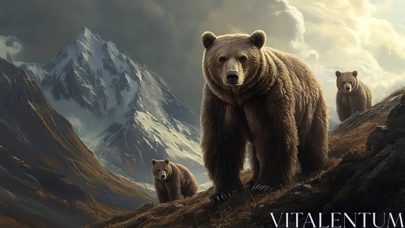 Grizzly bear family climbs rugged alpine slope under clouds