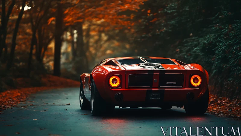 Crimson supercar glows through autumn forest twilight road.