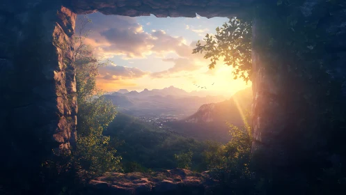 Mountain valley landscape viewed through stone window frame.