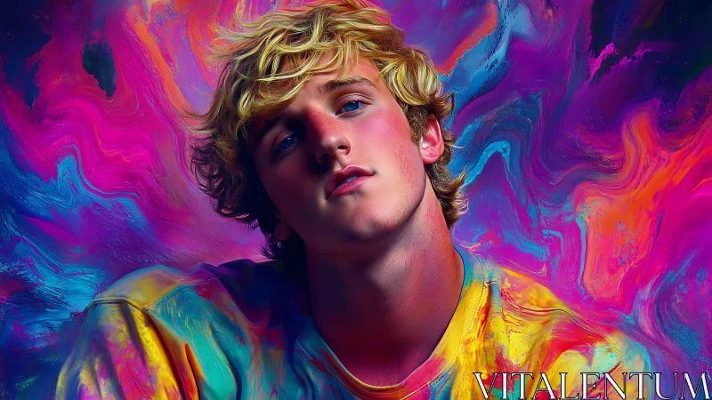 Chromatic portrait of contemplative youth in neon turbulence.