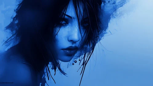 Monochromatic cobalt portrait with abstract ink dispersion